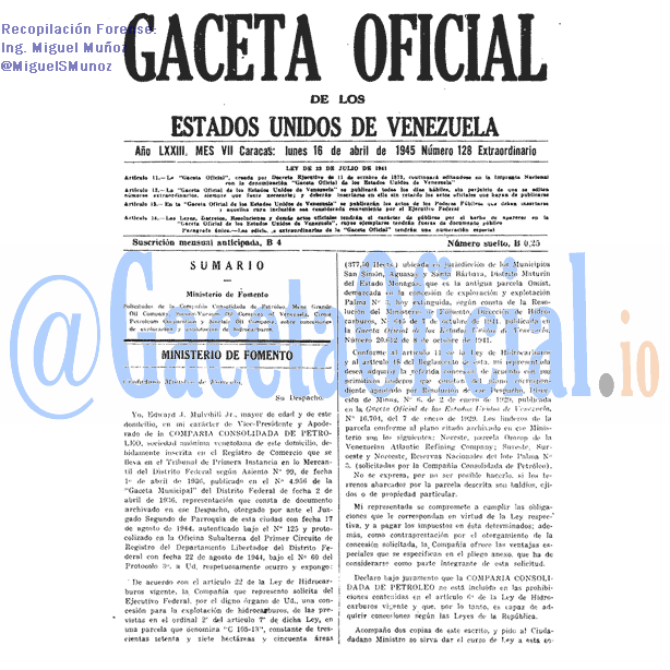 Gaceta Oficial 128 del 16 Abril 1945
