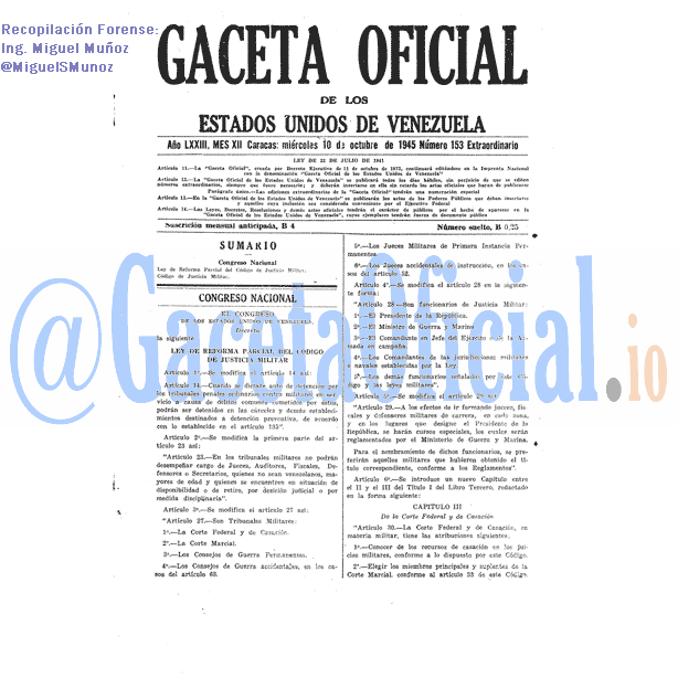 Gaceta Oficial 153 del 10 Octubre 1945