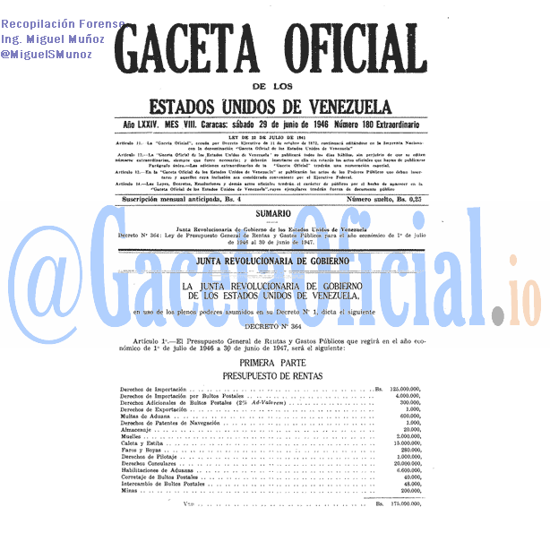 Gaceta Oficial 180 del 29 Junio 1946