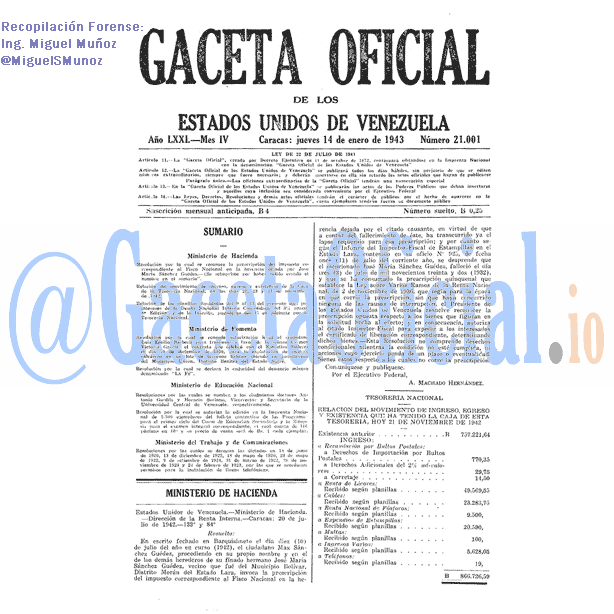 Gaceta Oficial 21001 del 14 Enero 1943