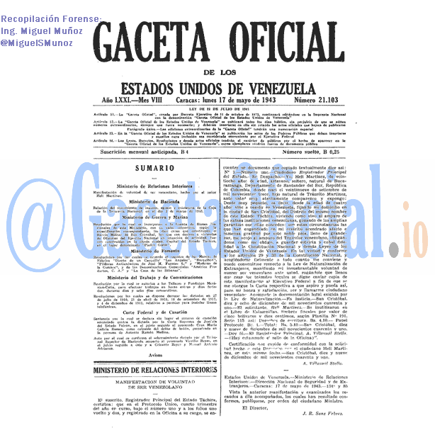 Gaceta Oficial 21103 del 17 Mayo 1943