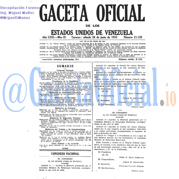 Gaceta Oficial 21138 del 26 Junio 1943