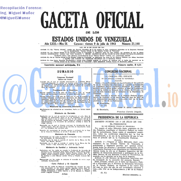 Gaceta Oficial 21148 del 9 Julio 1943