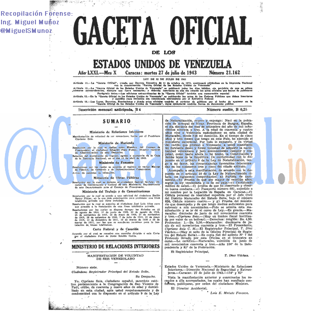 Gaceta Oficial 21162 del 27 Julio 1943