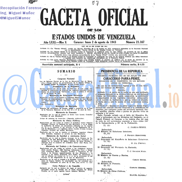 Gaceta Oficial 21167 del 2 Agosto 1943