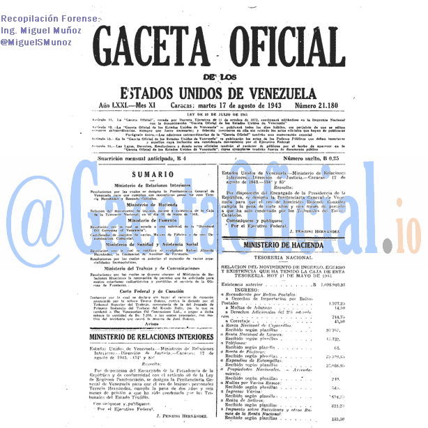 Gaceta Oficial 21180 del 17 Agosto 1943