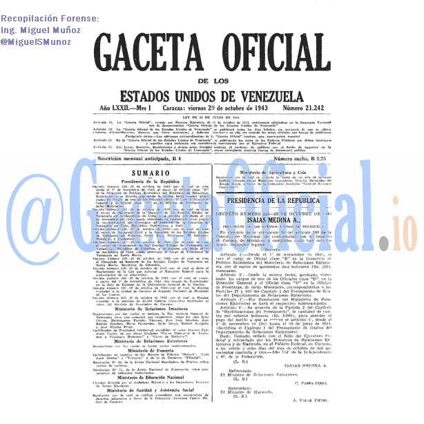 Gaceta Oficial 21242 del 29 Octubre 1943