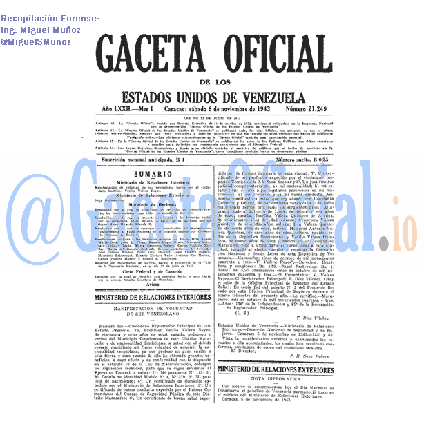 Gaceta Oficial 21249 del 6 Noviembre 1943