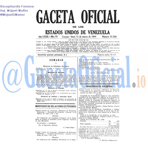 Gaceta Oficial 21356 del 13 Marzo 1944