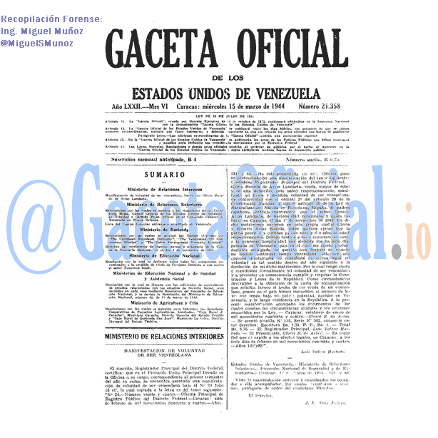 Gaceta Oficial 21358 del 15 Marzo 1944