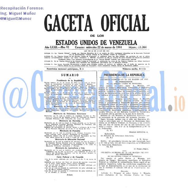 Gaceta Oficial 21364 del 22 Marzo 1944