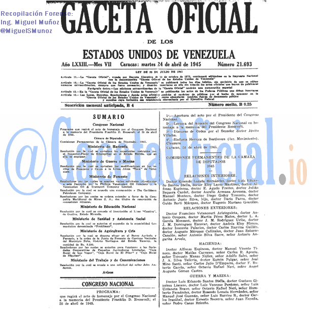 Gaceta Oficial 21693 del 24 Abril 1945