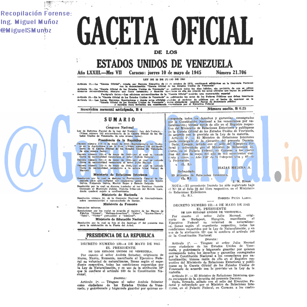 Gaceta Oficial 21706 del 10 Mayo 1945