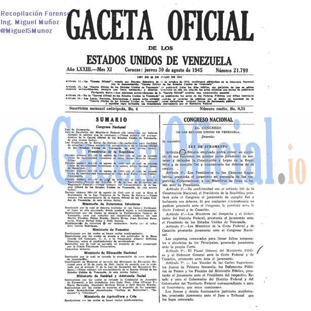 Gaceta Oficial 21799 del 30 Agosto 1945
