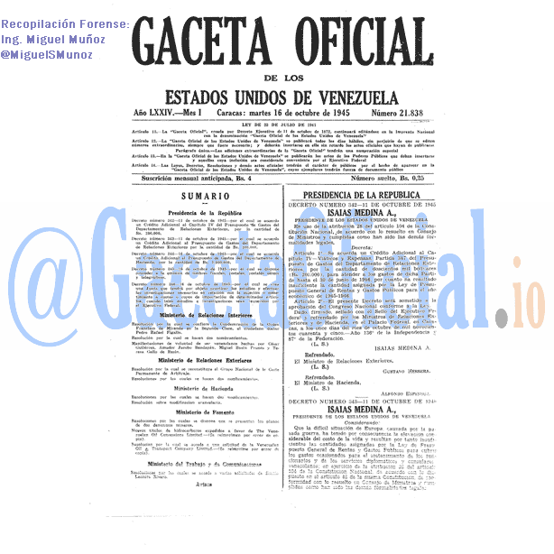 Gaceta Oficial 21838 del 16 Octubre 1945