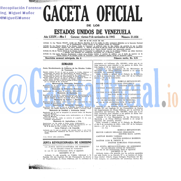 Gaceta Oficial 21856 del 9 Noviembre 1945