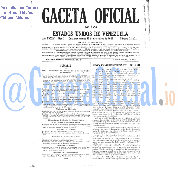 Gaceta Oficial 21871 del 27 Noviembre 1945