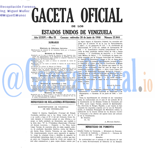 Gaceta Oficial 22044 del 26 Junio 1946