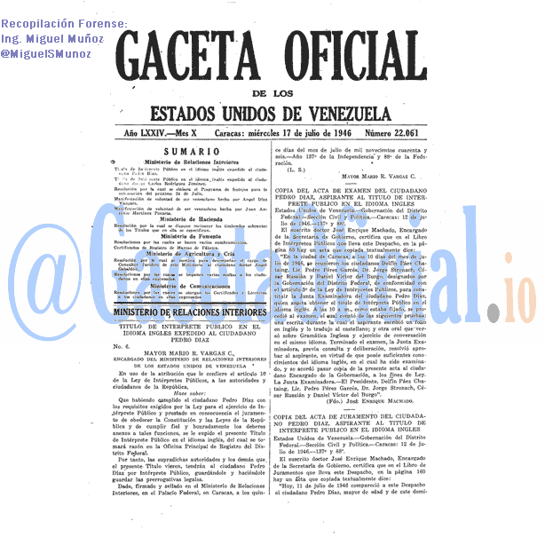 Gaceta Oficial 22061 del 17 Julio 1946