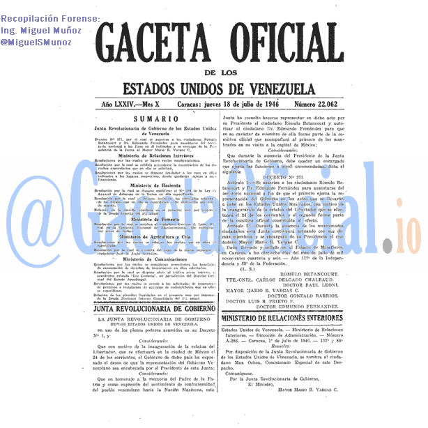 Gaceta Oficial 22062 del 18 Julio 1946