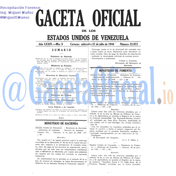 Gaceta Oficial 22072 del 31 Julio 1946