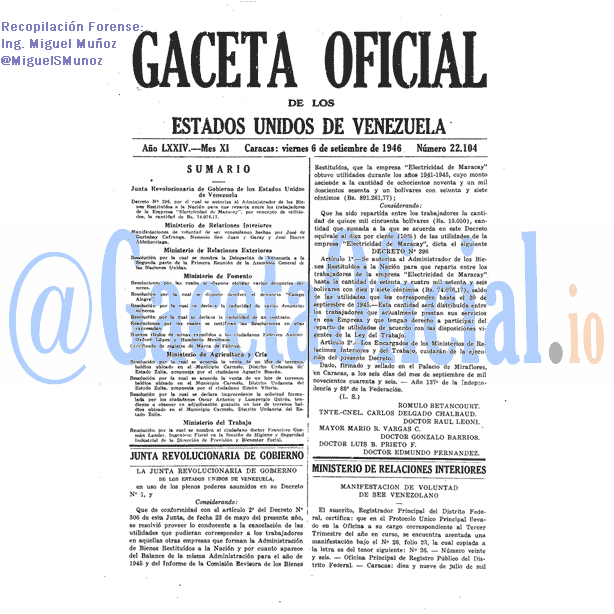 Gaceta Oficial 22104 del 6 Septiembre 1946