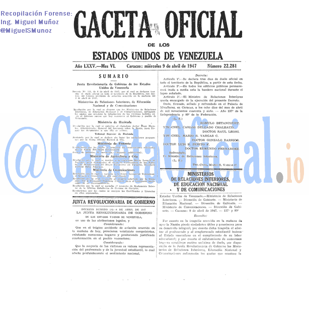 Gaceta Oficial 22281 del 9 Abril 1947