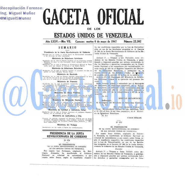 Gaceta Oficial 22302 del 6 Mayo 1947