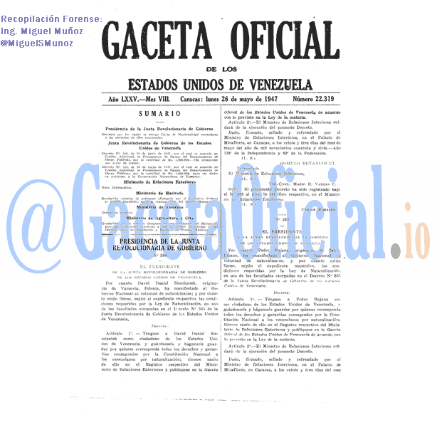 Gaceta Oficial 22319 del 26 Mayo 1947