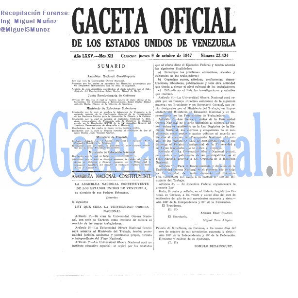 Gaceta Oficial 22434 del 9 Octubre 1947