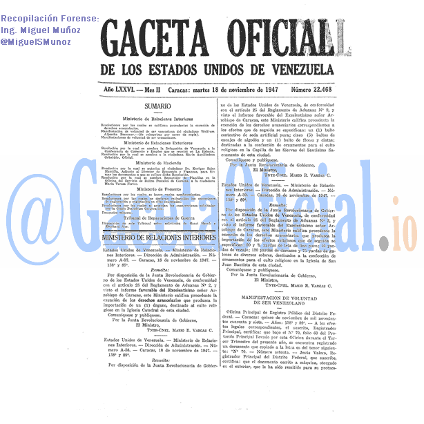 Gaceta Oficial 22468 del 18 Noviembre 1947