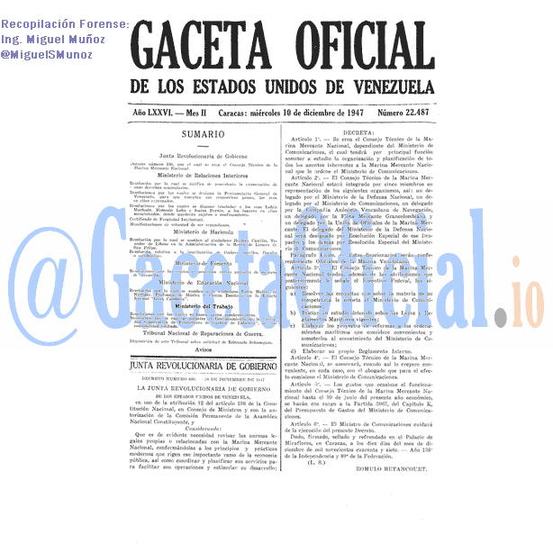 Gaceta Oficial 22487 del 10 Diciembre 1947