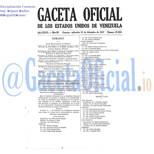 Gaceta Oficial 22504 del 31 Diciembre 1947