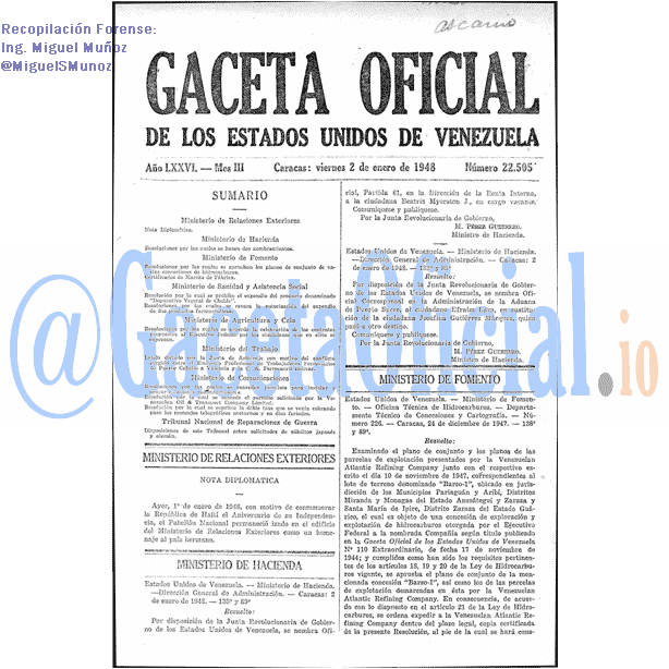 Gaceta Oficial 22505 del 2 Enero 1948