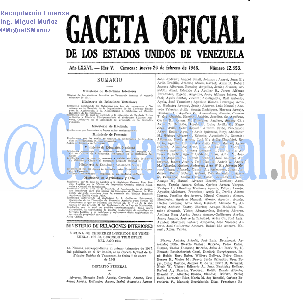 Gaceta Oficial 22553 del 26 Febrero 1948