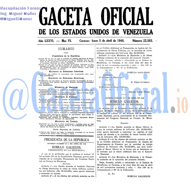Gaceta Oficial 22583 del 5 Abril 1948
