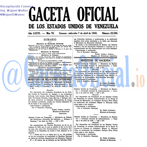 Gaceta Oficial 22585 del 7 Abril 1948