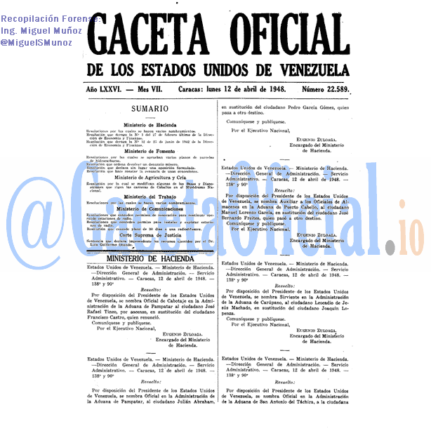 Gaceta Oficial 22589 del 12 Abril 1948