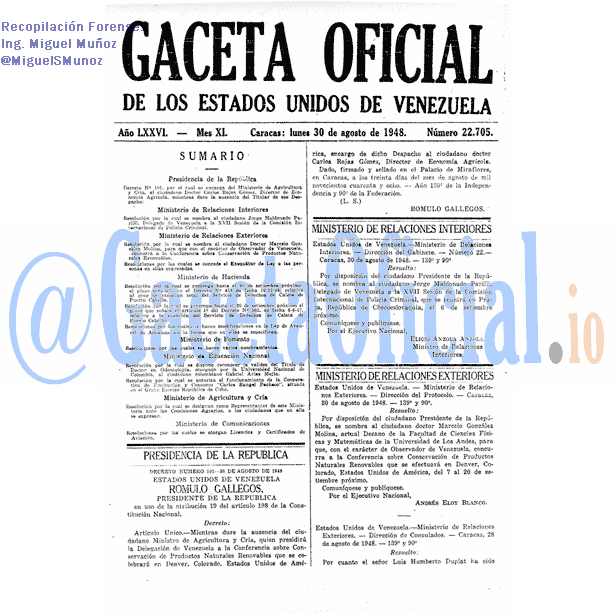 Gaceta Oficial 22705 del 30 Agosto 1948