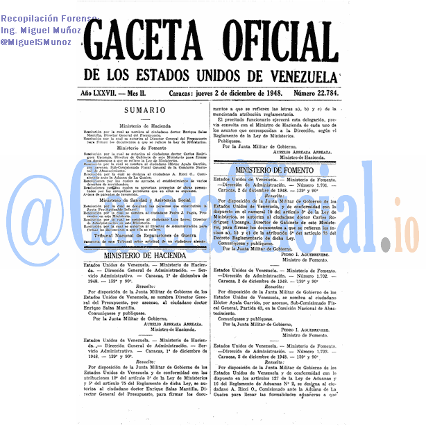 Gaceta Oficial 22784 del 2 Diciembre 1948