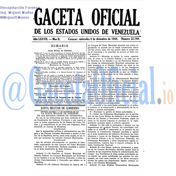 Gaceta Oficial 22789 del 8 Diciembre 1948