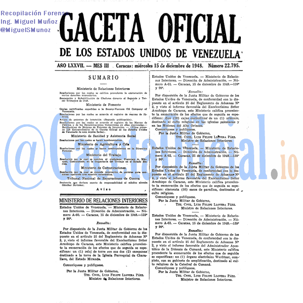 Gaceta Oficial 22795 del 15 Diciembre 1948