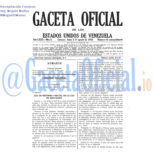 Gaceta Oficial 44 del 2 Agosto 1943