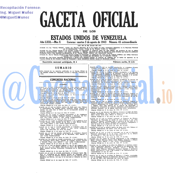 Gaceta Oficial 45 del 3 Agosto 1943