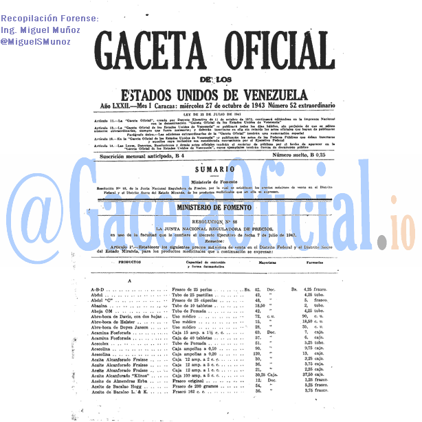Gaceta Oficial 52 del 27 Octubre 1943