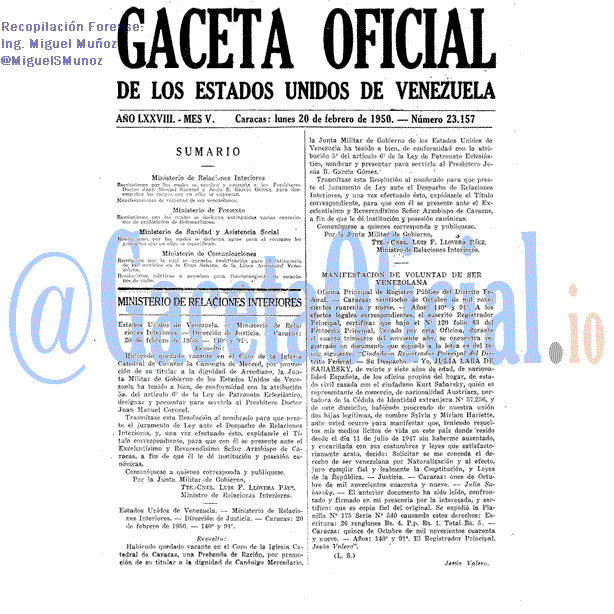 Gaceta Oficial 23157 del 20 Febrero 1950