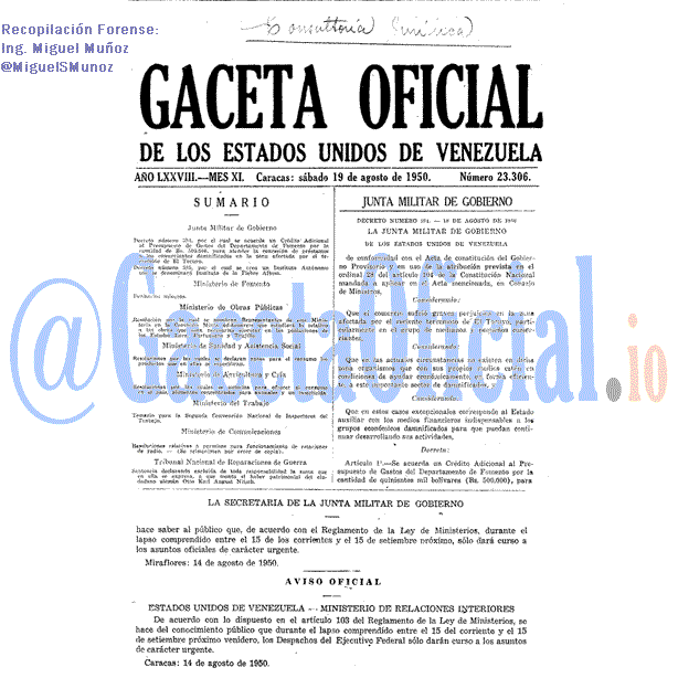 Gaceta Oficial 23306 del 19 Agosto 1950