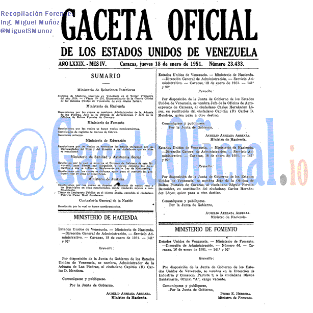 Gaceta Oficial 23433 del 18 Enero 1951