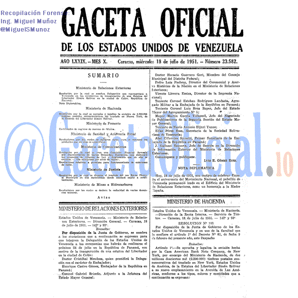 Gaceta Oficial 23582 del 18 Julio 1951