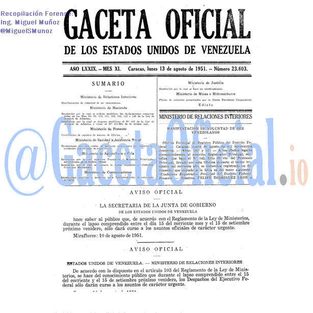 Gaceta Oficial 23603 del 13 Agosto 1951